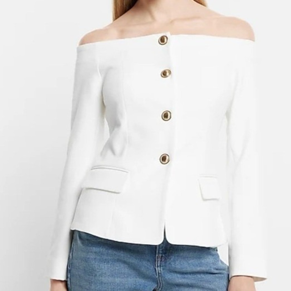 Express Cream Off The Shoulder Gold Button Blazer Jacket Womens 4 NWT